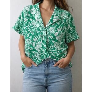 Nicole Miller 100% Linen Women’s Green Floral Shirt Top Button-Up NWT